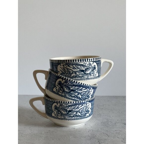 Set of 3 Vintage Currier and Ives Cup, Royal China Coffee Tea Cup Blue & White - Picture 1 of 6